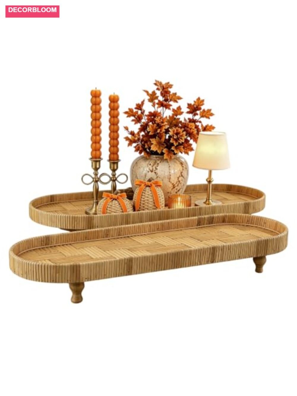 Set of 2 Woven Rattan Oval Trays Footed Legs Decorative Tray